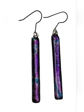 Vintage Dichroic Art Glass Sterling Silver Hook Dangle Drop Earrings Purple Blue